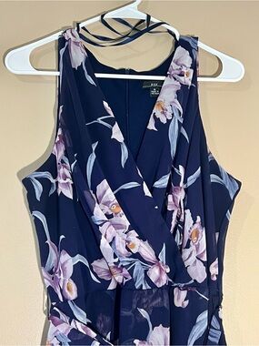 R&K Navy Floral Sleeveless Wrap-Front High/Low Dress with Chiffon Tie